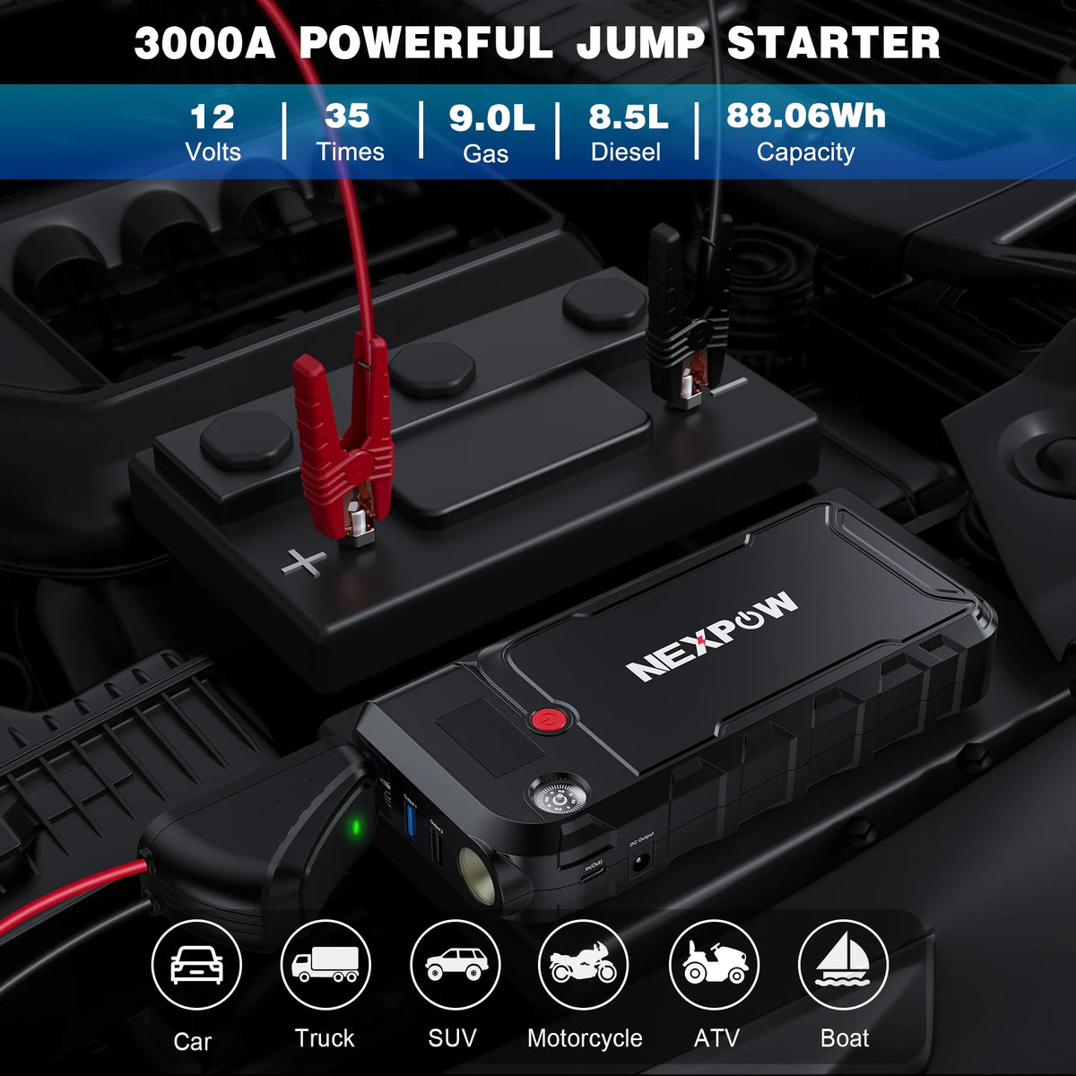 3000A Peak 23800mAH 12V Portable Battery Jump Starter with LCD Display D92013