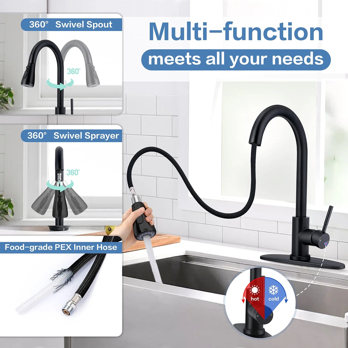 18/10 Stainless Steel Matte Black Kitchen Sink Faucet with Pull Down Sprayer C322624