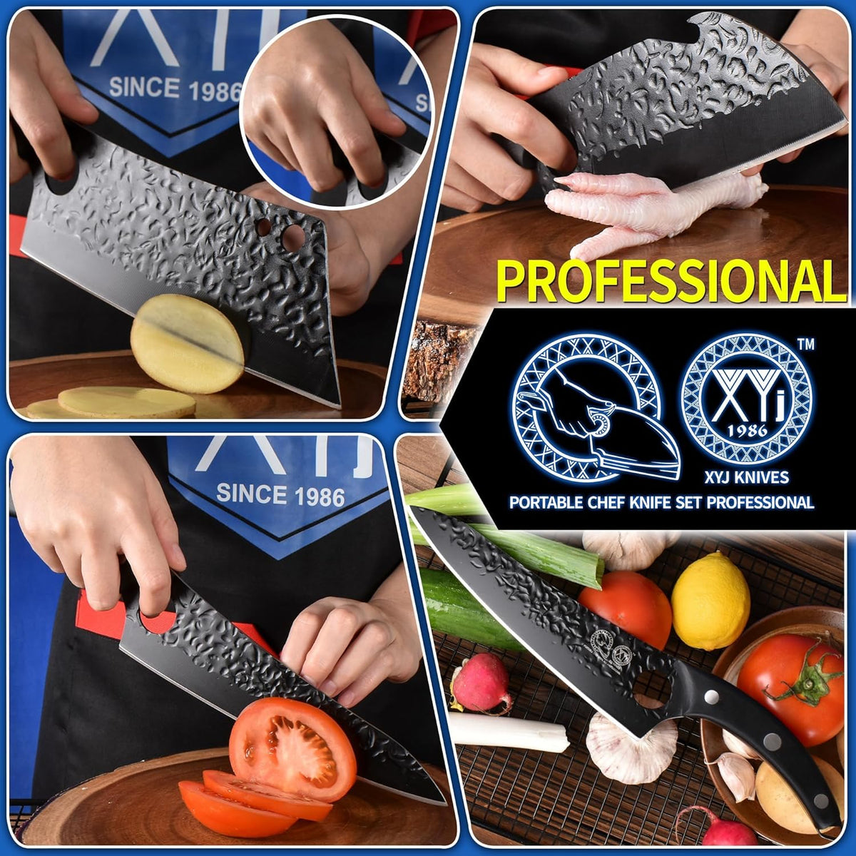 Professional Kitchen Knife Set with High-Carbon Steel Forged Blades, Chef's Knife, Cleaver, Carving Knife, Nakiri, Includes Carrying Bag & Poultry Scissors I93853