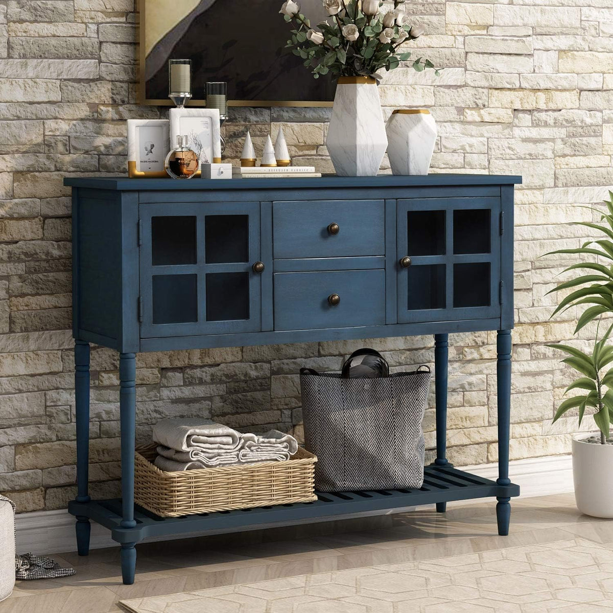 Antique Blue Sofa Table with Two Drawers and Two Cabinets J353
