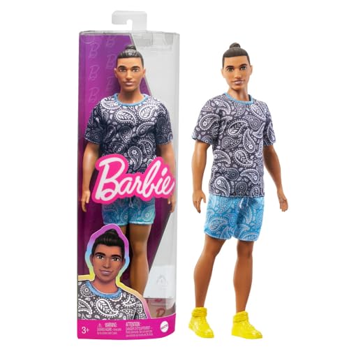 Ken Fashion Doll with Brown Hair in Man Bun Wearing Paisley Tee & Shorts with Yellow Sneakers A570