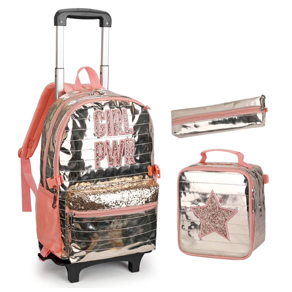 Golden Star Kids Rolling Backpack 3pcs Set with Lunch Bag Pen Case U5250