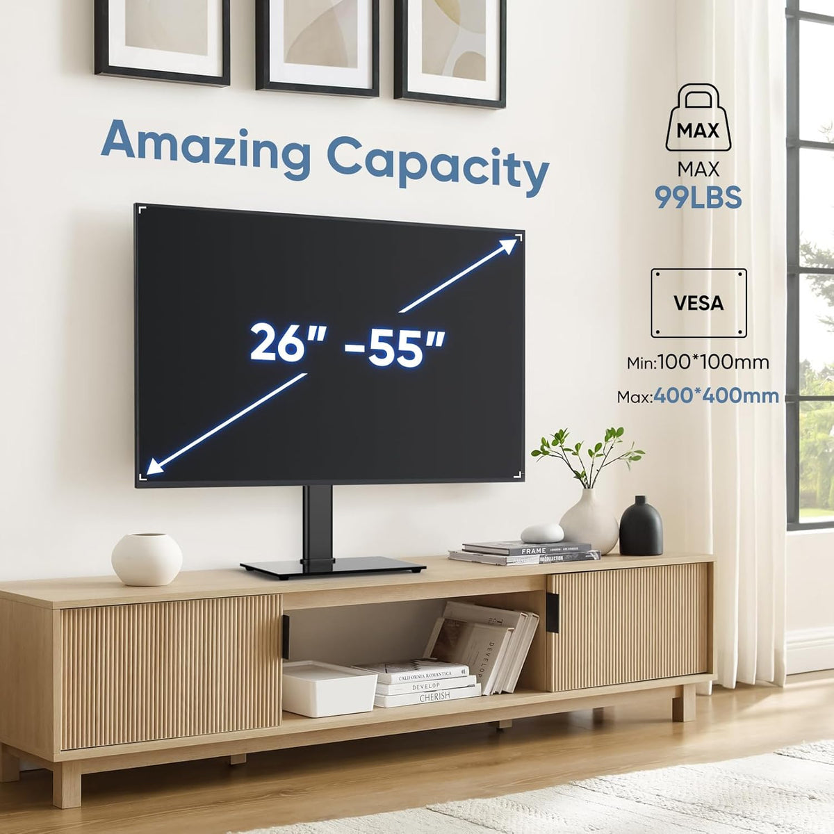 Height Adjustable Swivel TV Stand with Tempered Glass Base, Max VESA 400x400mm W2373