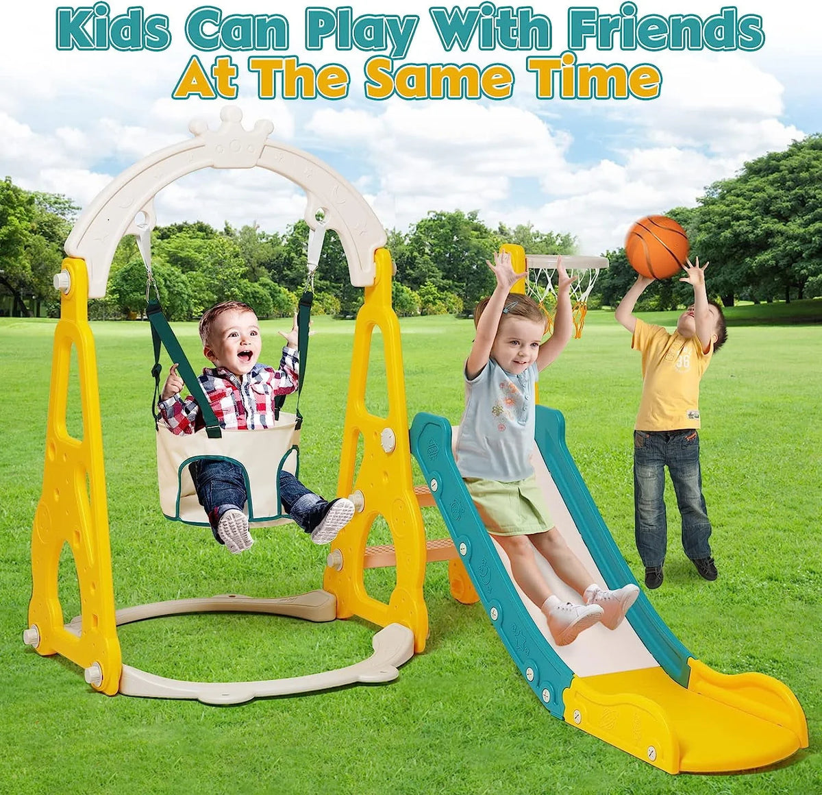4 in 1 Toddler Swing and Slide Playset with Climber and Basketball Hoop S2768