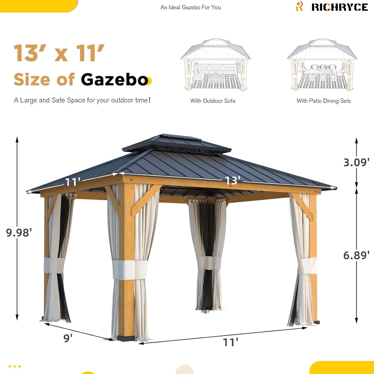 Solid Wood Gazebo with Metal Roof and Netting M34951