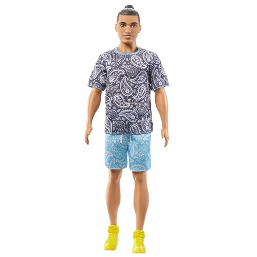 Ken Fashion Doll with Brown Hair in Man Bun Wearing Paisley Tee & Shorts with Yellow Sneakers A570