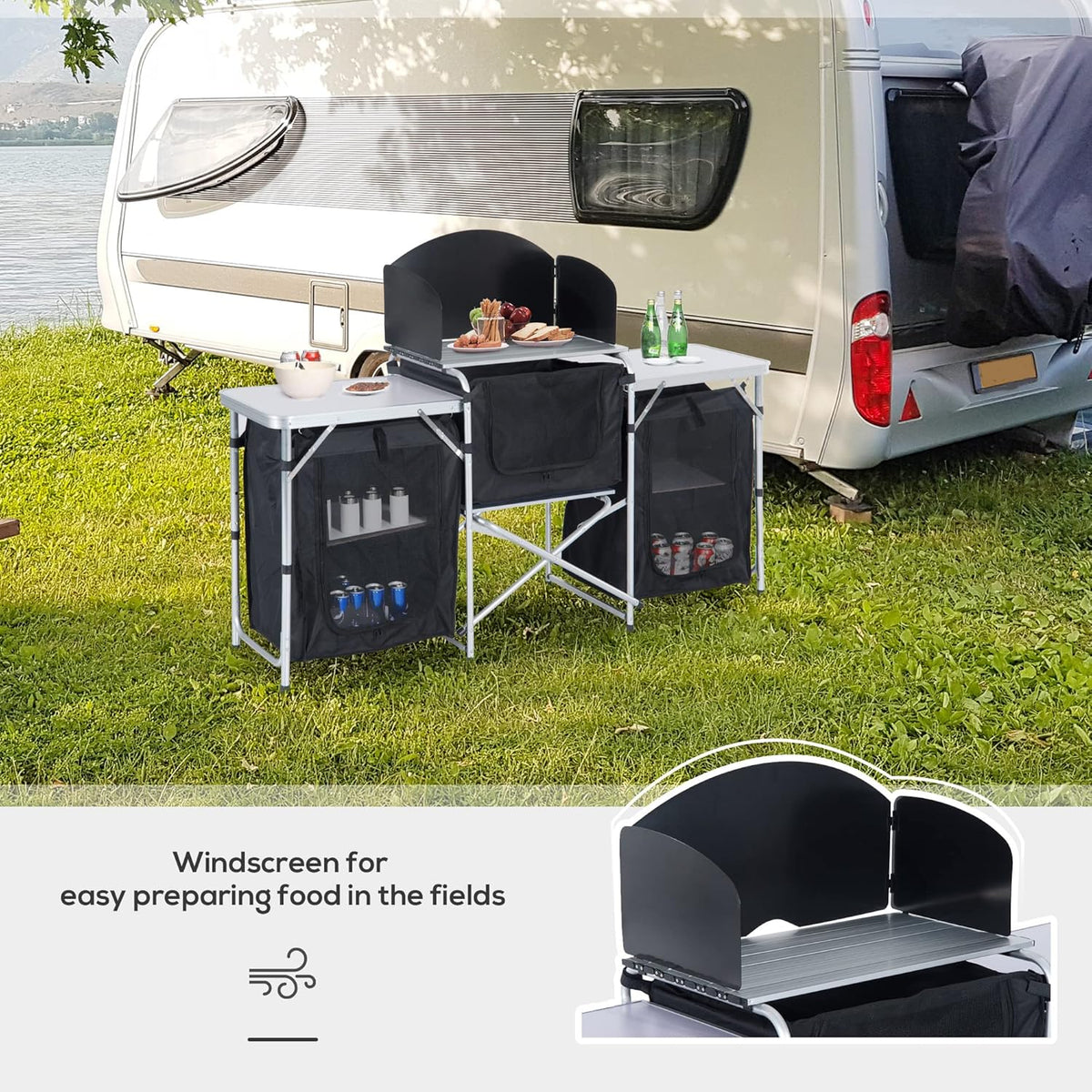6' Aluminum Portable Camping Kitchen with Windscreen and 5 Cupboards Q25757