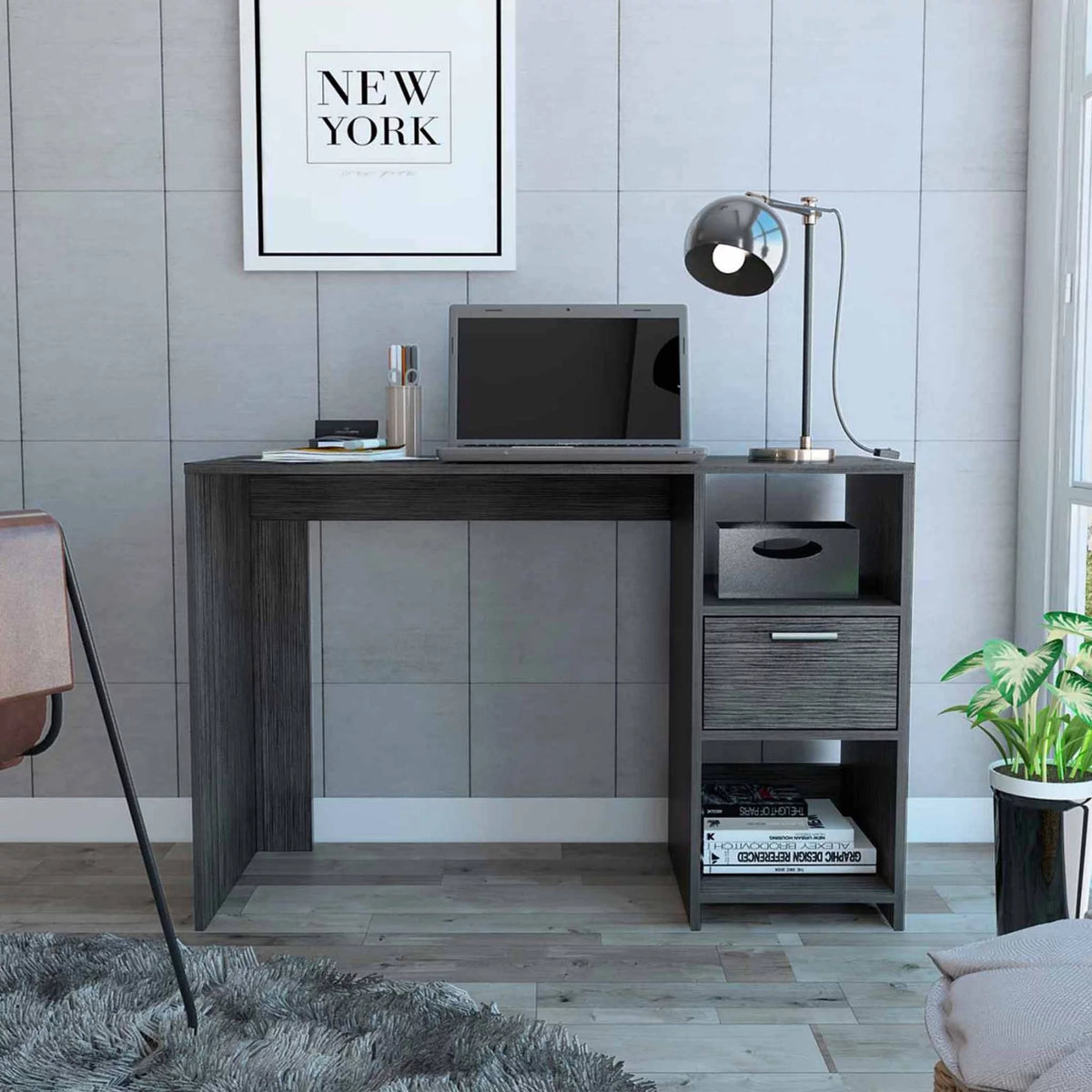 Grey Oak Computer Desk with Drawer and Two Shelves J206