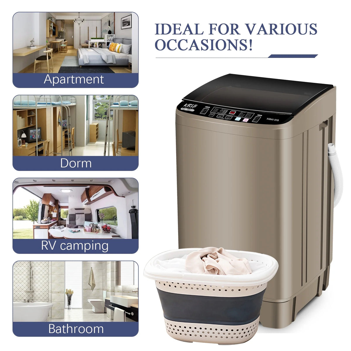 Full Automatic Washing Machine with LED Display, 17.7 lbs Portable Washer with Drain Pump, Grey U78429