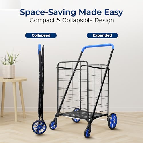 Folding Grocery Utility Shopping Cart with 360 Swivel Wheels, Double Basket, 110 lbs Capacity D151100