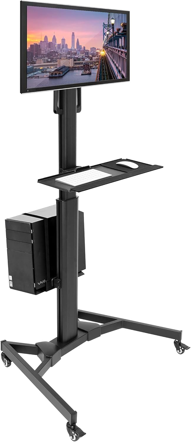 Adjustable Mobile Dual Monitor PC Workstation Cart with Keyboard Tray and CPU Holder I683