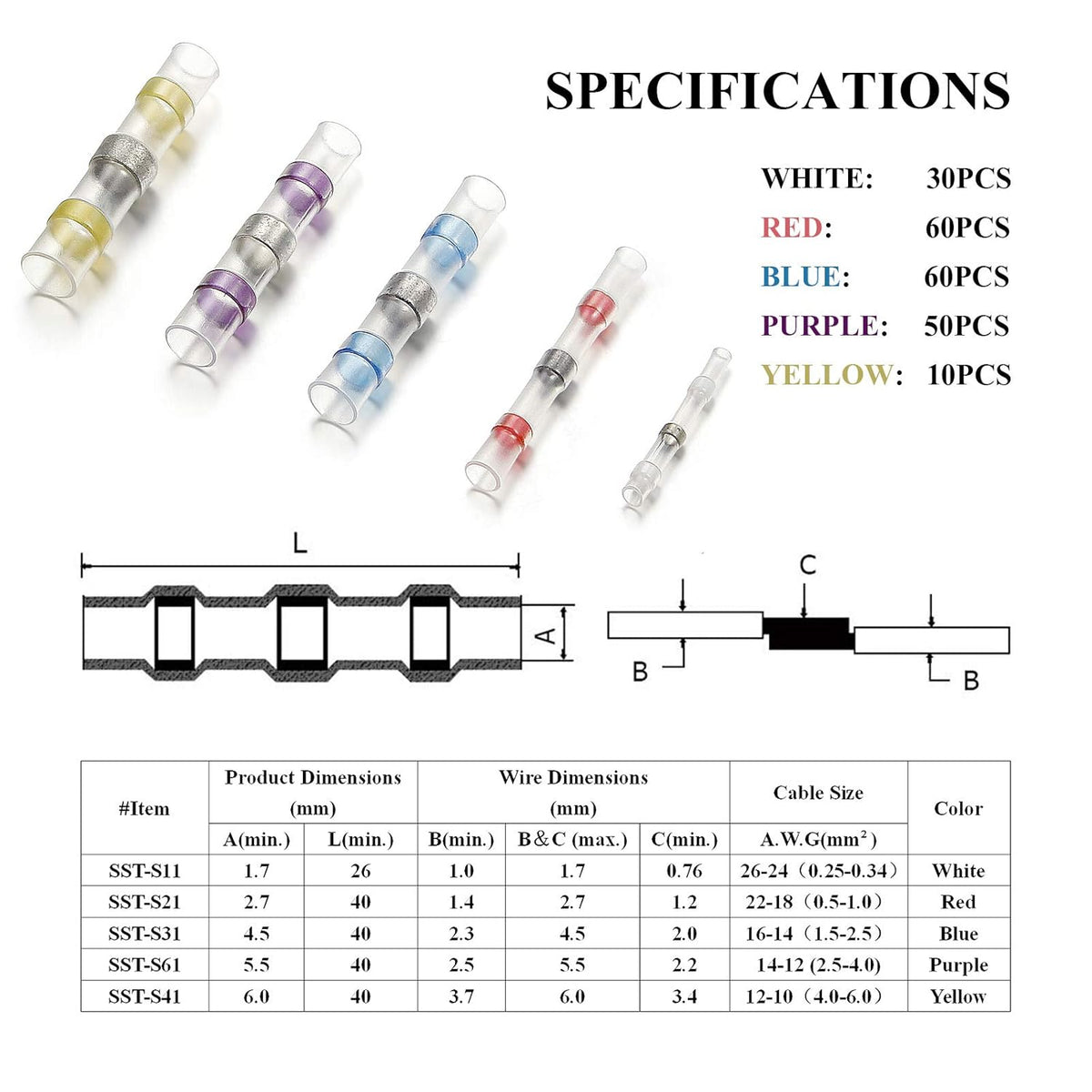 210PCS Self-Solder Heat Shrink Butt Connector Waterproof Insulated Electrical Wire Terminals D499111