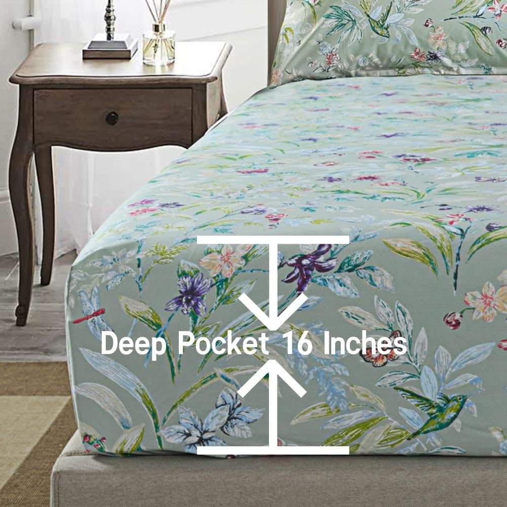 Green Birds Percale Cotton Queen Bed Sheet Set 4 Pieces Deep Pocket 18 Inches Q502