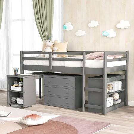 Twin-size Low Study Loft Bed with Cabinet and Rolling Desk, Gray I4036