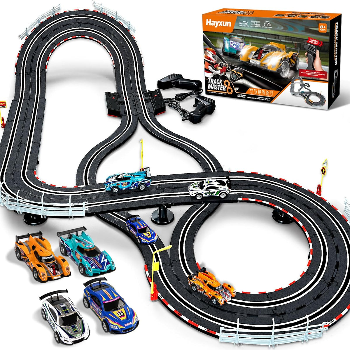 4 High-Speed Slot Cars Race Track Set with 2 Hand Controllers P14073