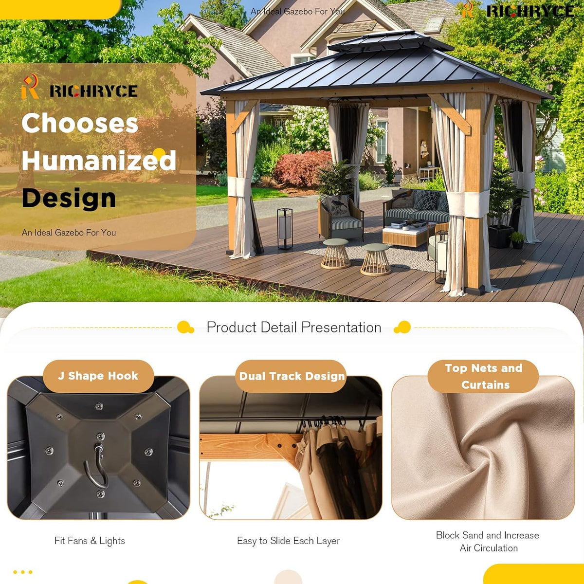 Solid Wood Gazebo with Metal Roof and Netting M34951