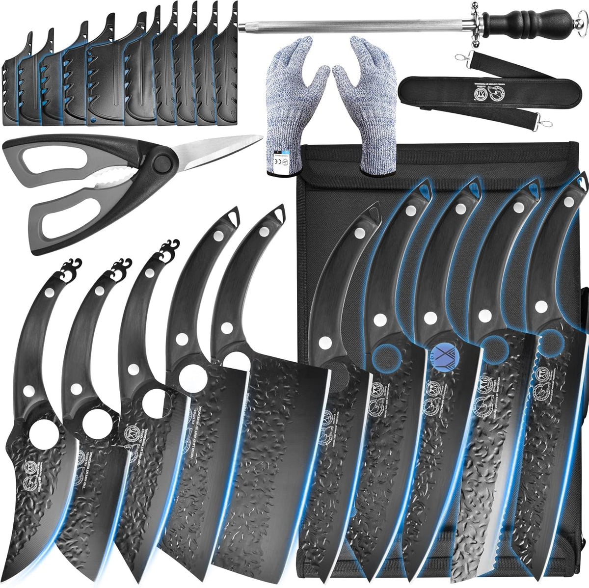 Professional Kitchen Knife Set with High-Carbon Steel Forged Blades, Chef's Knife, Cleaver, Carving Knife, Nakiri, Includes Carrying Bag & Poultry Scissors I93853