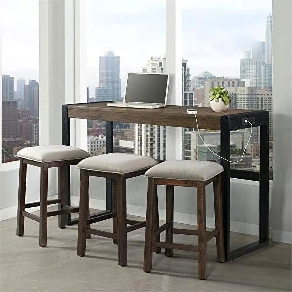 Walnut and Taupe Fabric Sofa Bar Table Set with 3 Upholstered Stools A458