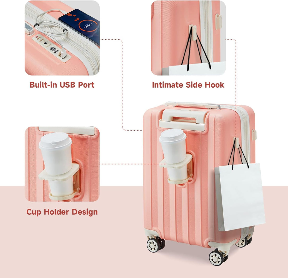 4 Piece Hardside Expandable Luggage Set with Spinner Wheels TSA Lock, Pink Beige L384