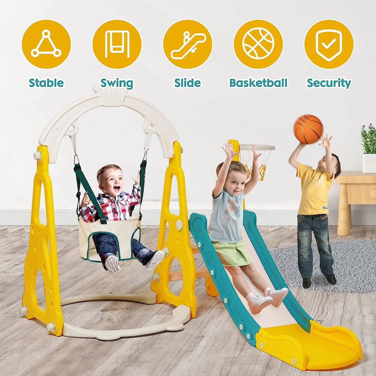 4 in 1 Toddler Swing and Slide Playset with Climber and Basketball Hoop S2768