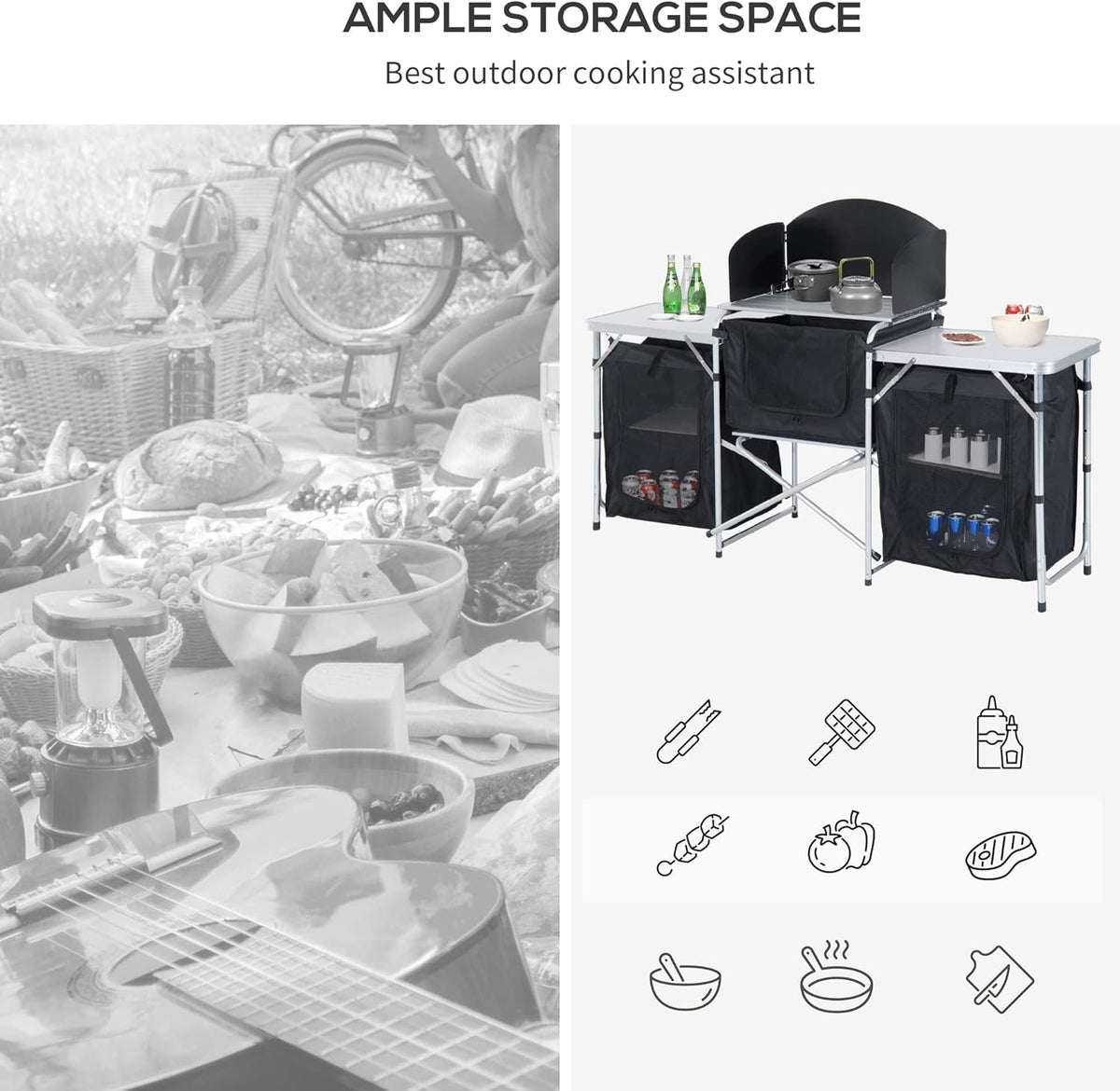 6' Aluminum Portable Camping Kitchen with Windscreen and 5 Cupboards Q25757