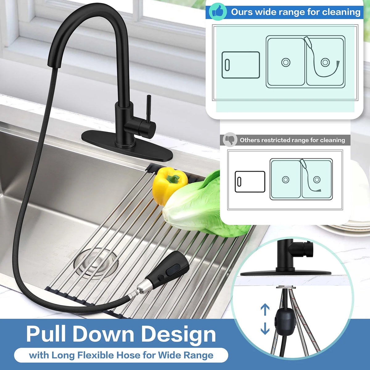18/10 Stainless Steel Matte Black Kitchen Sink Faucet with Pull Down Sprayer C322624
