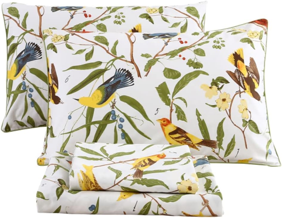 Green Birds Percale Cotton Queen Bed Sheet Set 4 Pieces Deep Pocket 18 Inches Q502