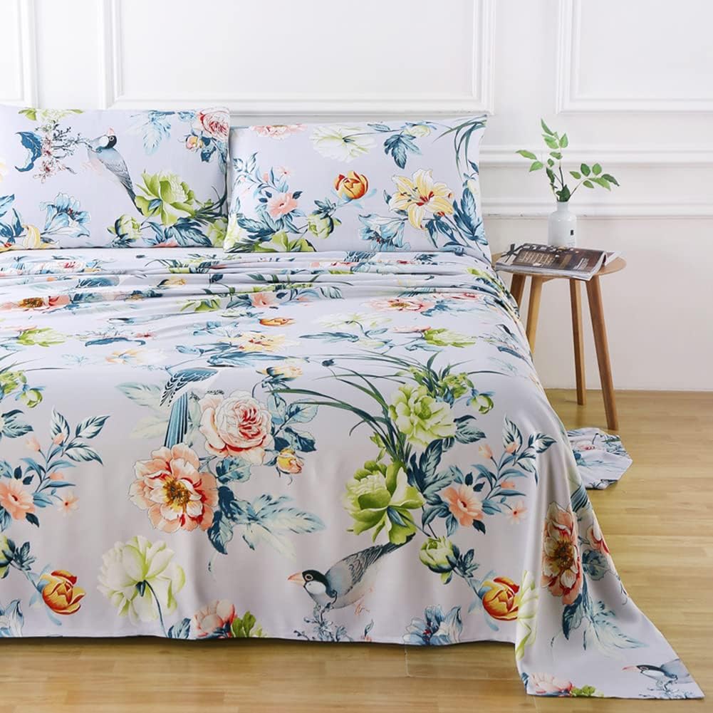 Green Birds Percale Cotton Queen Bed Sheet Set 4 Pieces Deep Pocket 18 Inches Q502