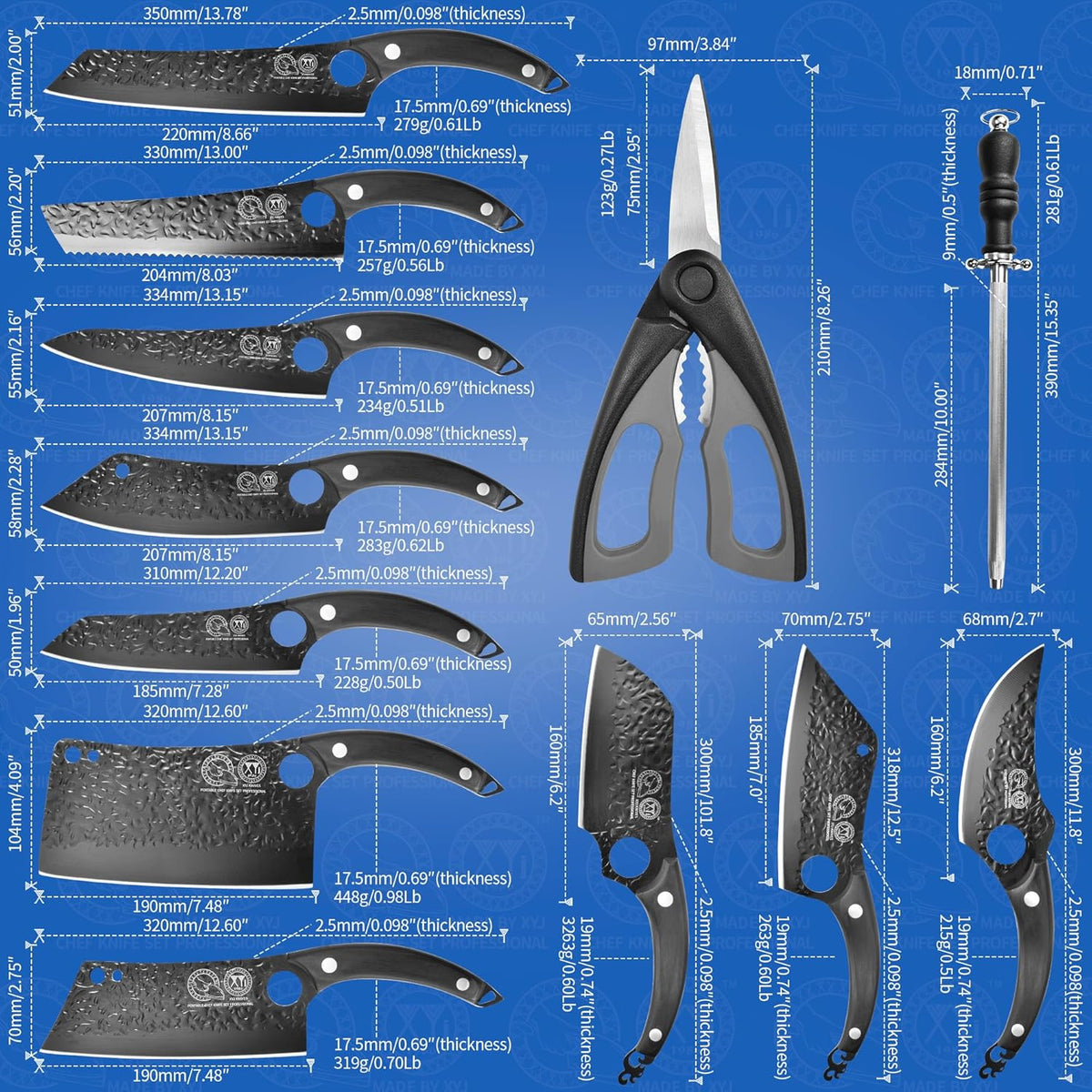 Professional Kitchen Knife Set with High-Carbon Steel Forged Blades, Chef's Knife, Cleaver, Carving Knife, Nakiri, Includes Carrying Bag & Poultry Scissors I93853