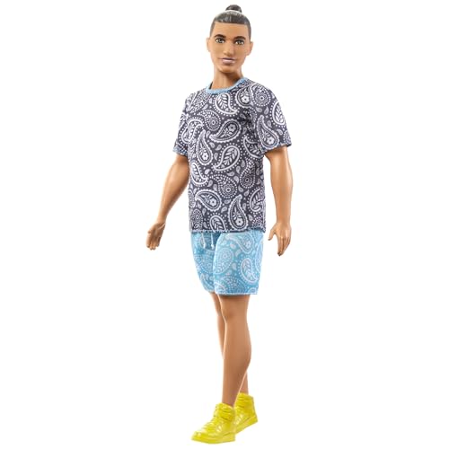 Ken Fashion Doll with Brown Hair in Man Bun Wearing Paisley Tee & Shorts with Yellow Sneakers A570