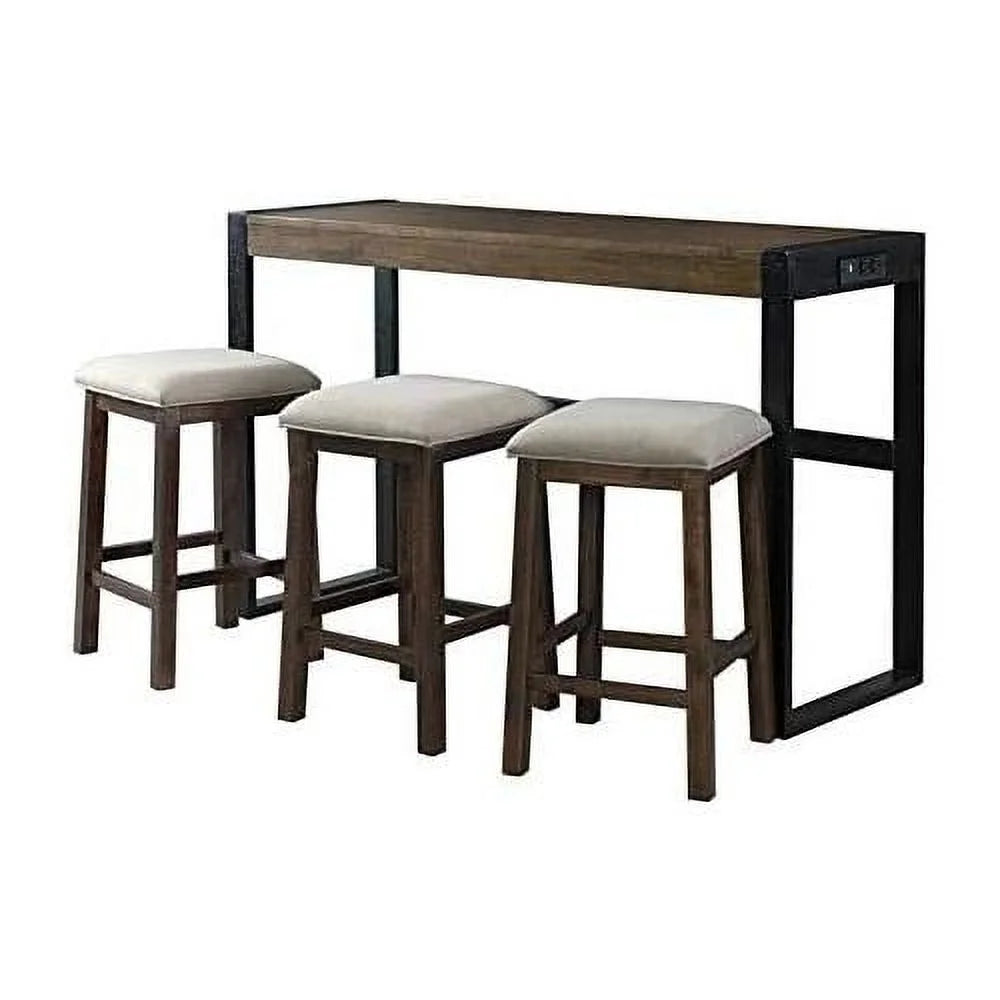 Walnut and Taupe Fabric Sofa Bar Table Set with 3 Upholstered Stools A458