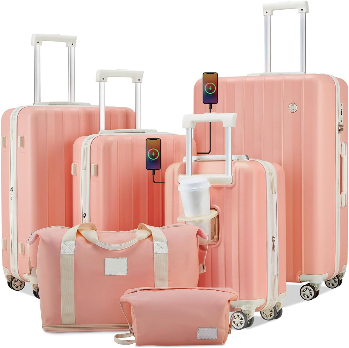 4 Piece Hardside Expandable Luggage Set with Spinner Wheels TSA Lock, Pink Beige L384