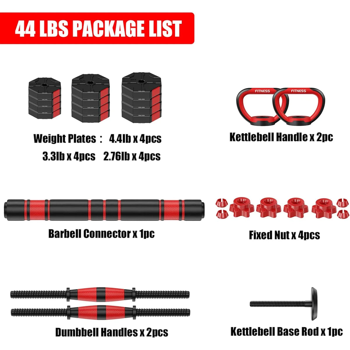 44 lbs. 4-in-1 Adjustable Dumbbell, Barbell, and Kettlebell Weight Set U43090