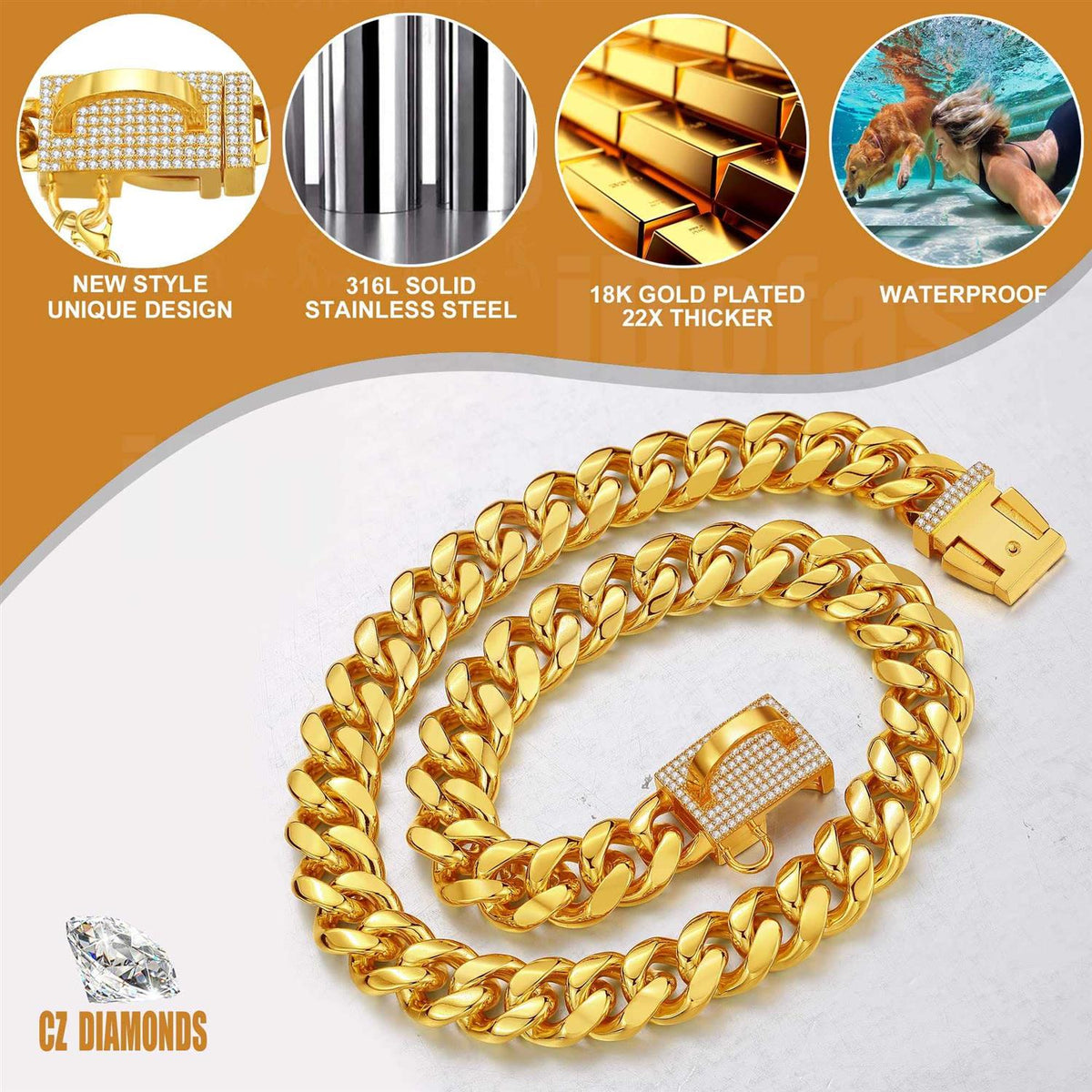 Gold Chain Cuban Link Stainless Steel Dog Collar Y28623