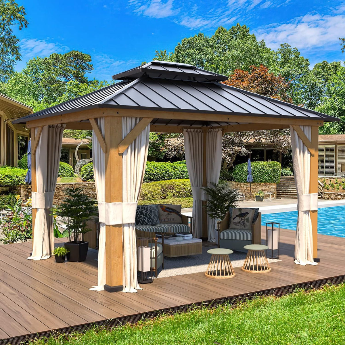 Solid Wood Gazebo with Metal Roof and Netting M34951
