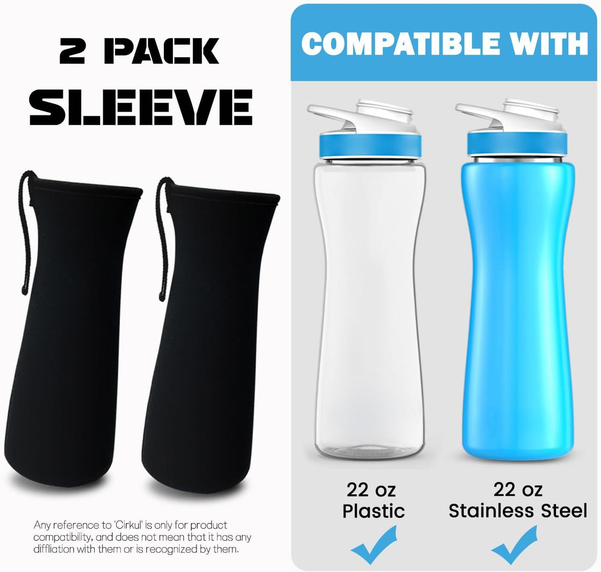 2Pcs Neoprene Sleeve for 22oz Plastic & Stainless Steel Water Bottles S9162