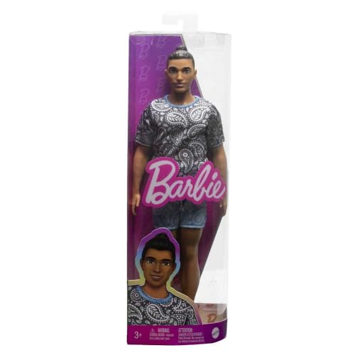 Ken Fashion Doll with Brown Hair in Man Bun Wearing Paisley Tee & Shorts with Yellow Sneakers A570