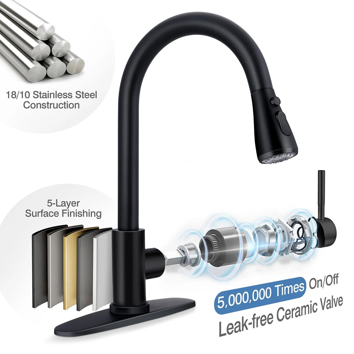 18/10 Stainless Steel Matte Black Kitchen Sink Faucet with Pull Down Sprayer C322624