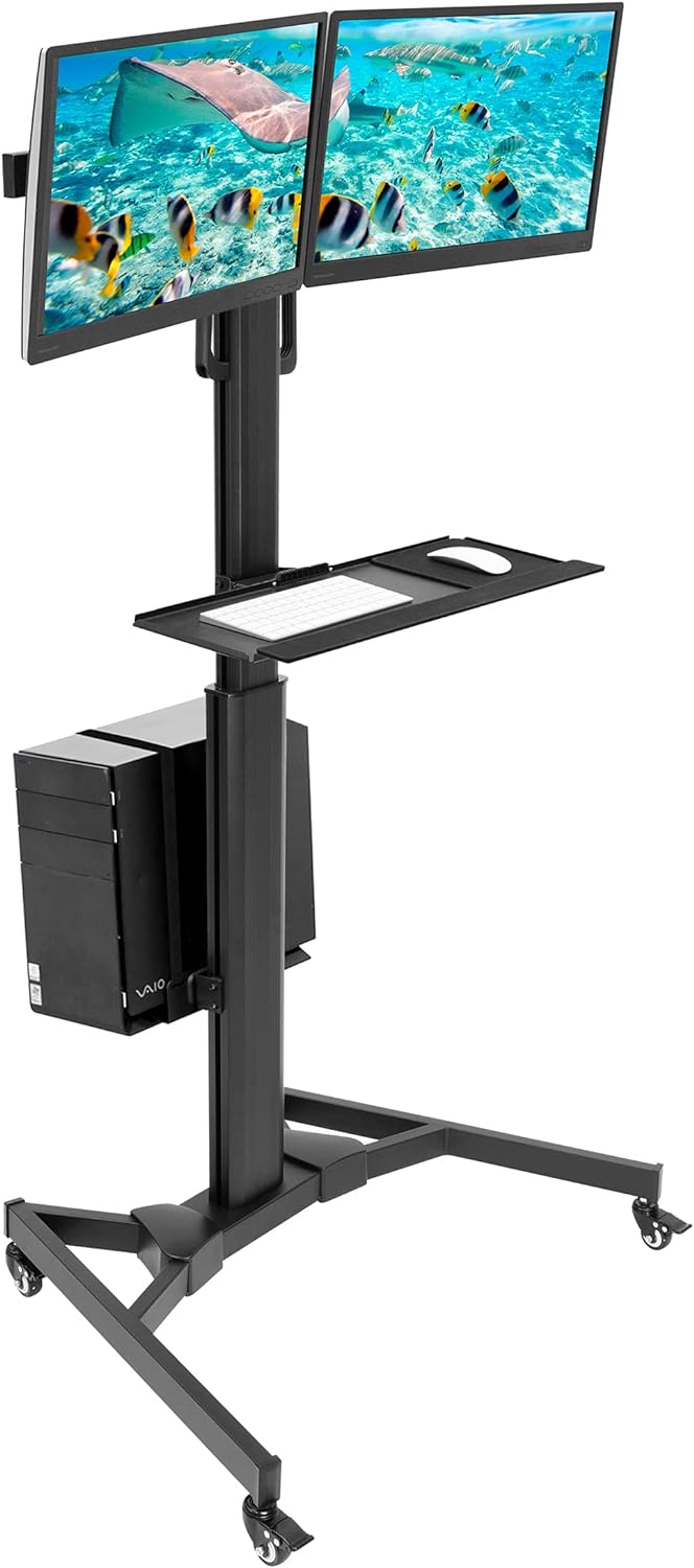 Adjustable Mobile Dual Monitor PC Workstation Cart with Keyboard Tray and CPU Holder I683