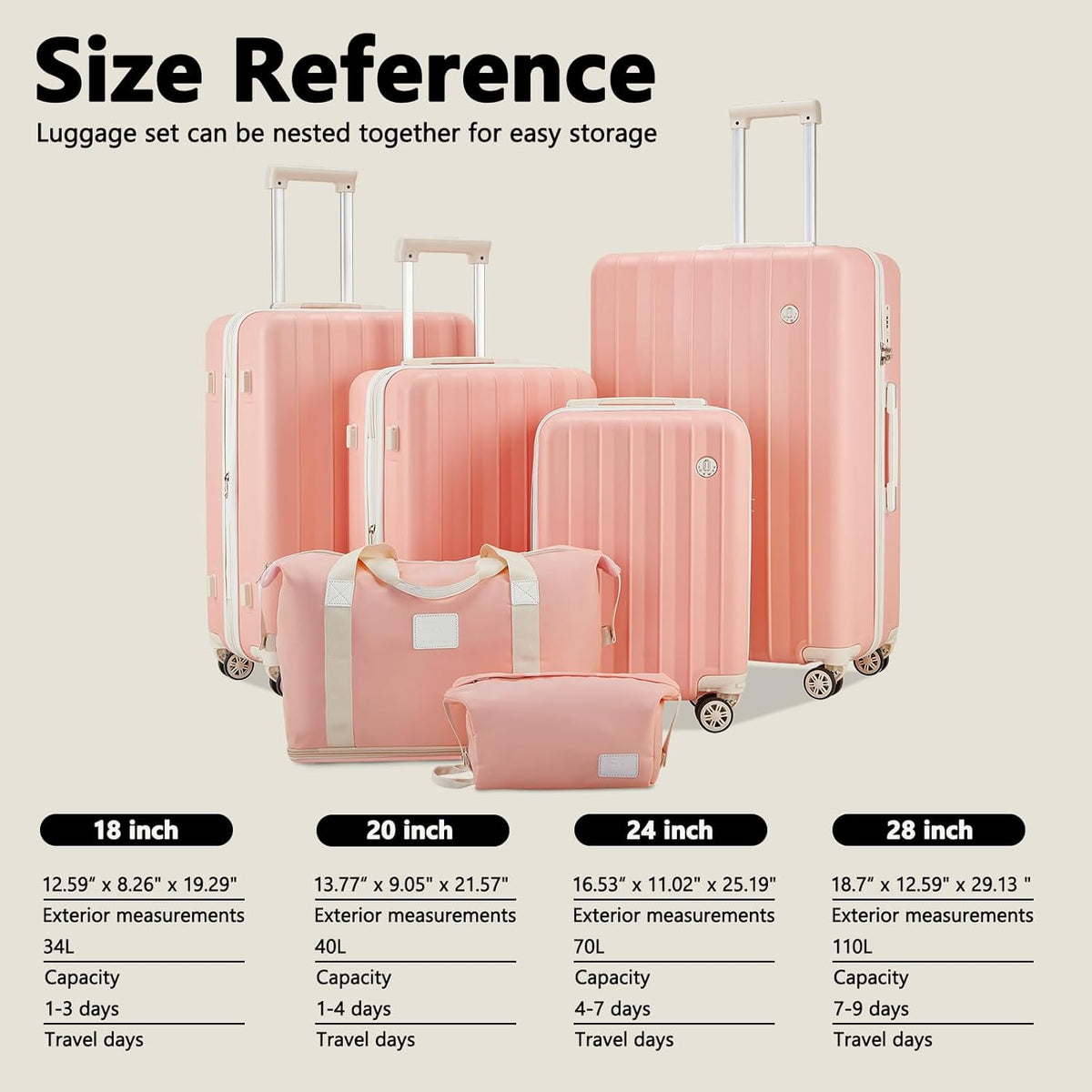 4 Piece Hardside Expandable Luggage Set with Spinner Wheels TSA Lock, Pink Beige L384