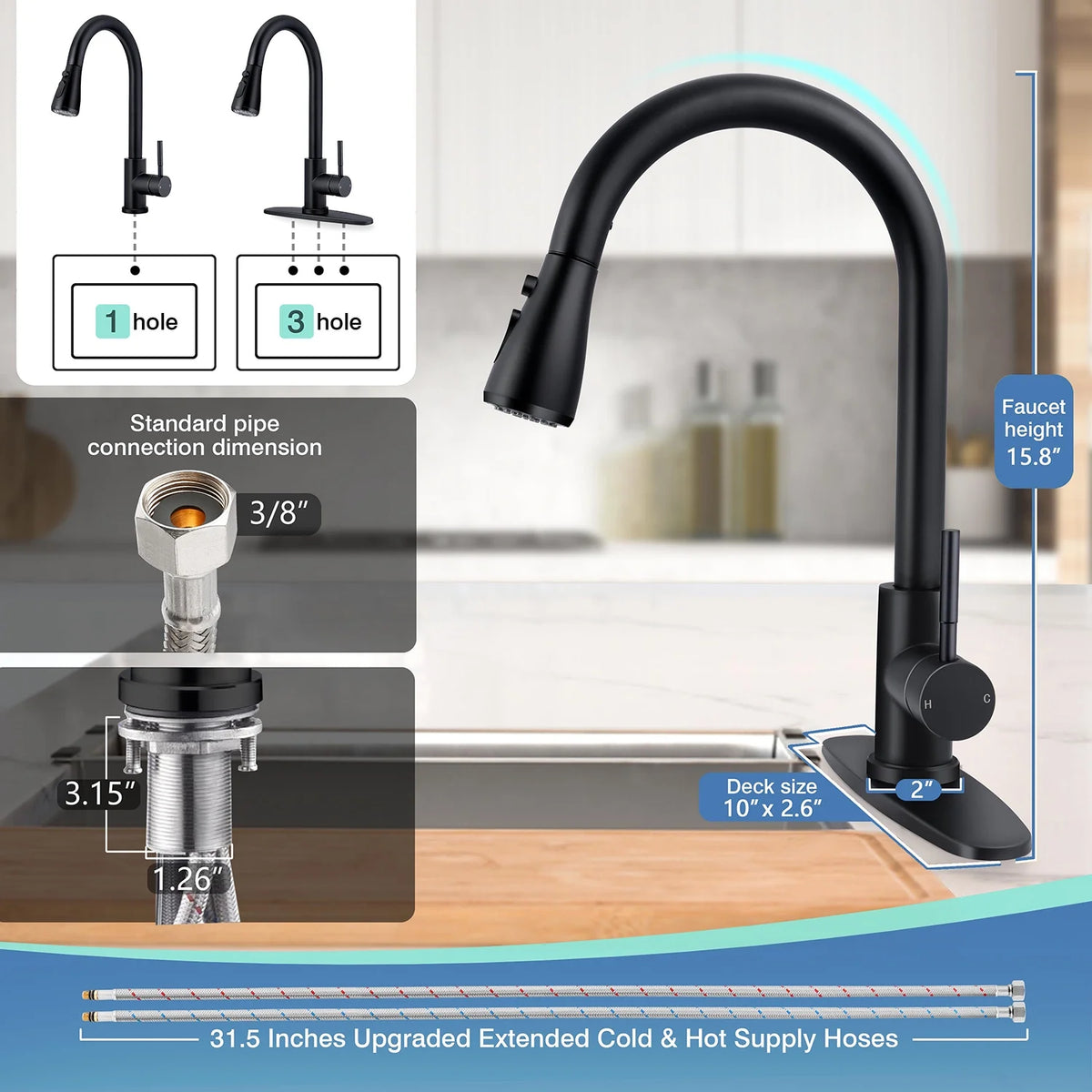 18/10 Stainless Steel Matte Black Kitchen Sink Faucet with Pull Down Sprayer C322624