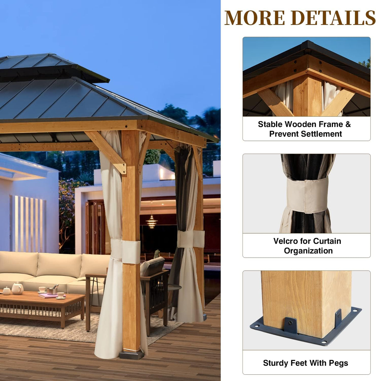 Solid Wood Gazebo with Metal Roof and Netting M34951