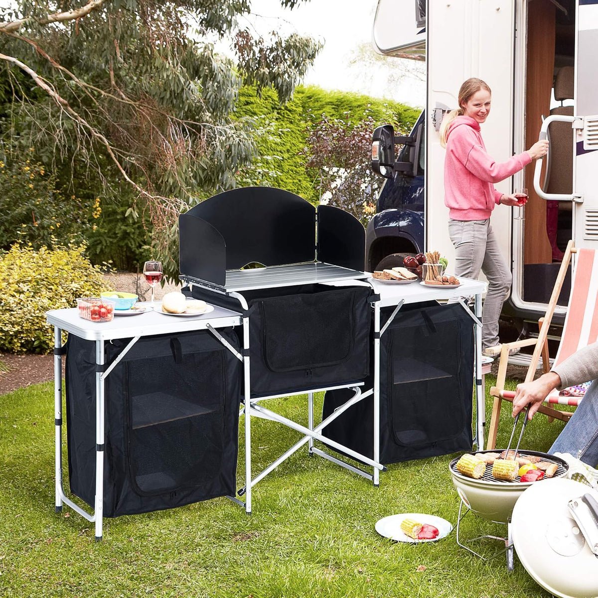 6' Aluminum Portable Camping Kitchen with Windscreen and 5 Cupboards Q25757