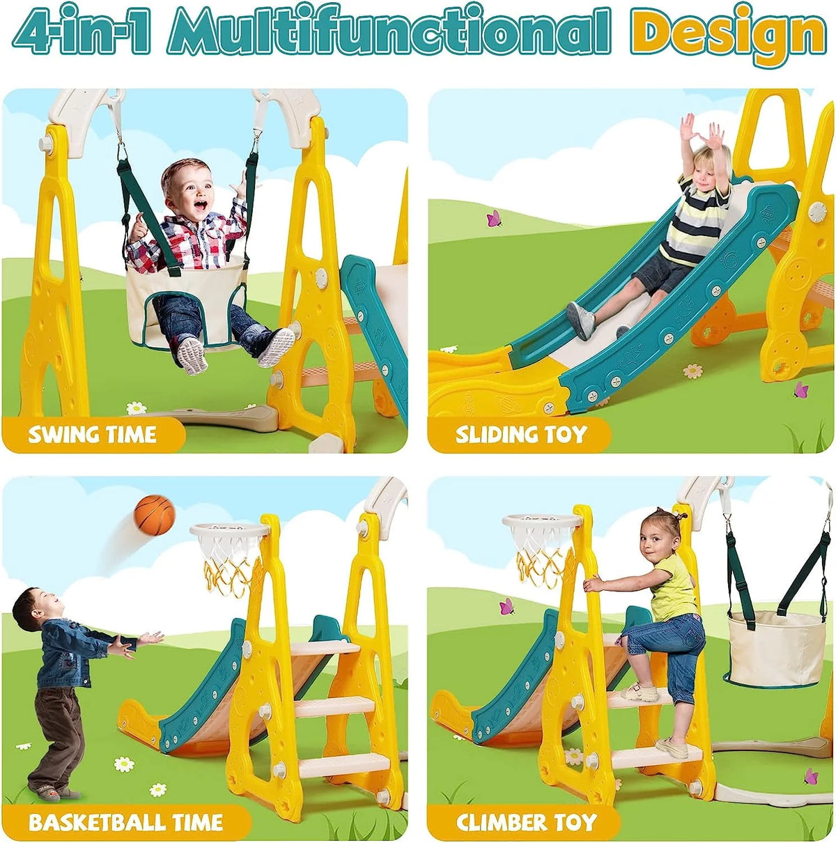 4 in 1 Toddler Swing and Slide Playset with Climber and Basketball Hoop S2768