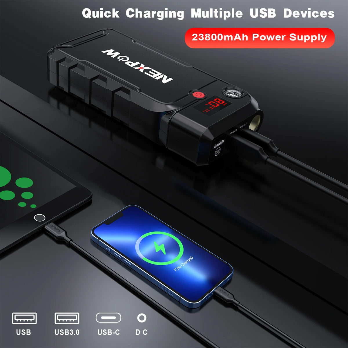 3000A Peak 23800mAH 12V Portable Battery Jump Starter with LCD Display D92013