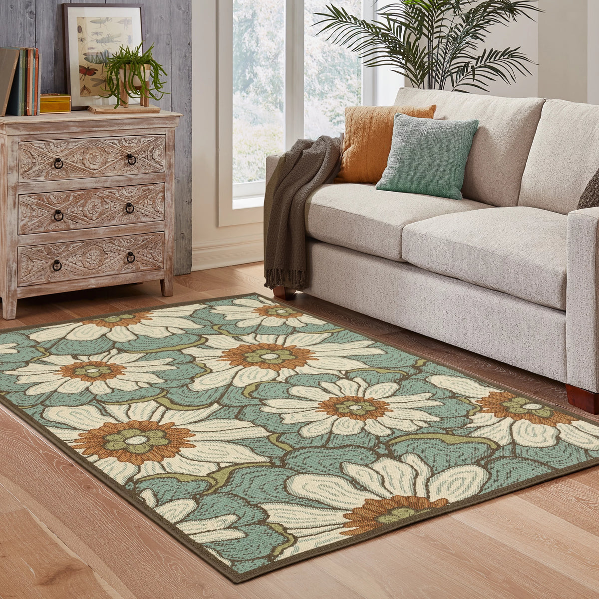 Blue Brown Floral Indoor-Outdoor Rug 4' x 6' H934562