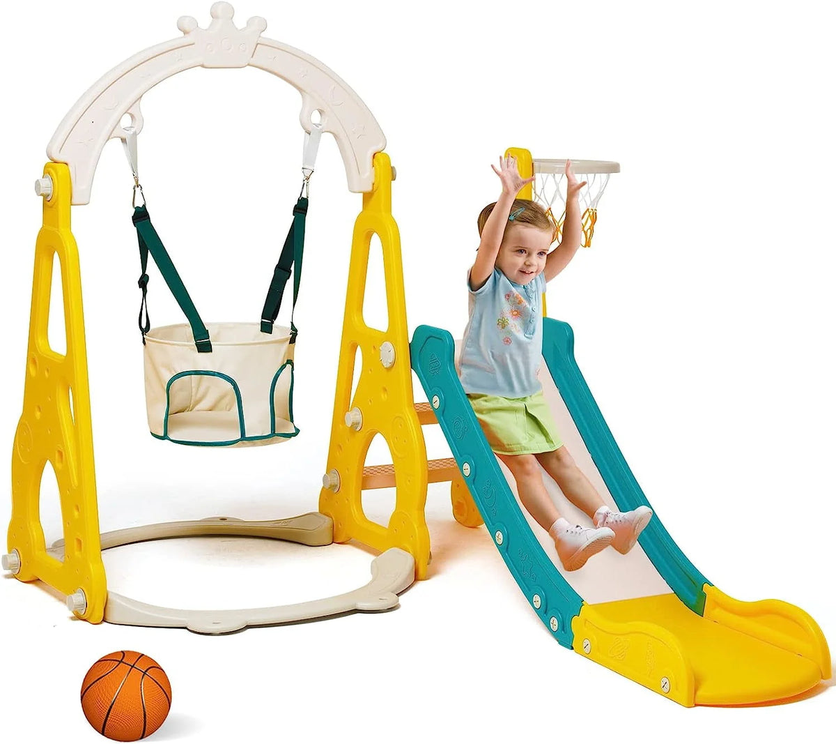 4 in 1 Toddler Swing and Slide Playset with Climber and Basketball Hoop S2768