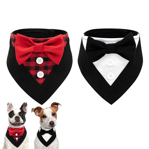 2 Pack Adjustable Red Plaid Dog Bandana with Bow Tie Z3714